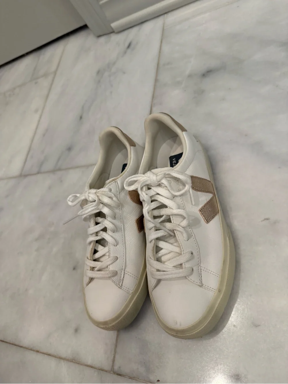 Veja White Leather Campo Sneakers with Gold V Logo. - Picture 3 of 5
